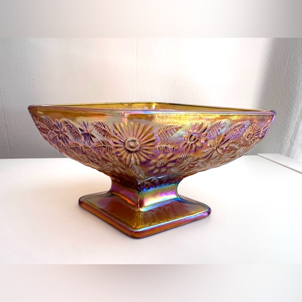 Iridescent Carnival Glass Floral Diamond Shaped Pedestal Dish
